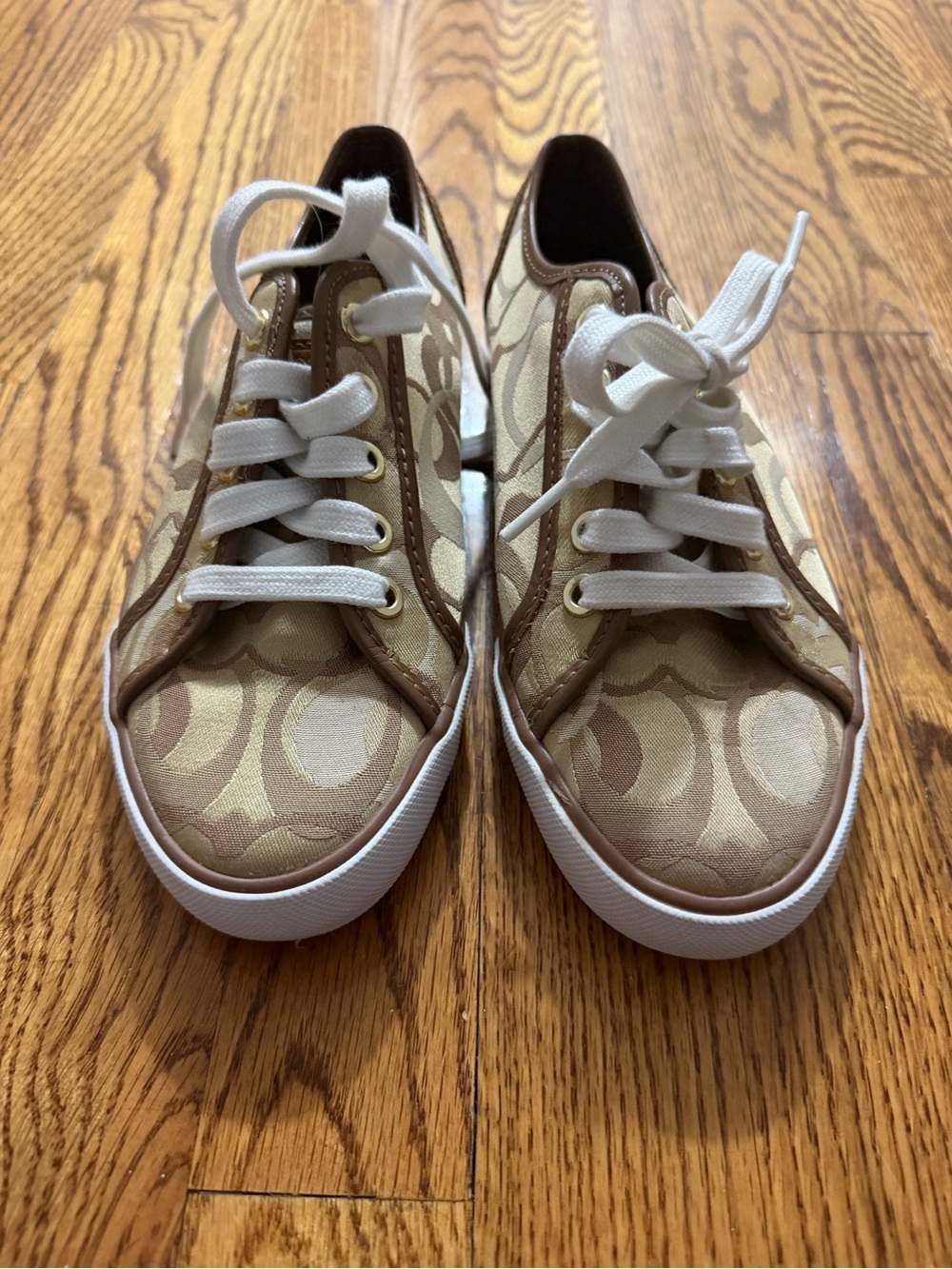 Coach Low Top Signature Canvas Sneakers in Khaki and Chestnut WOMANS 6B